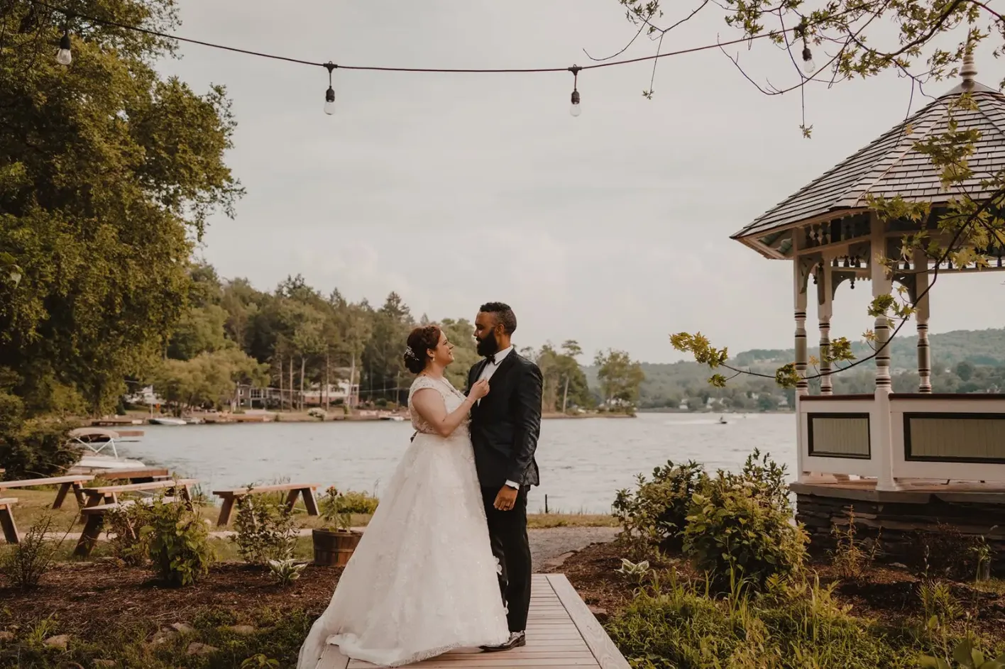 wedding couple photo opportunity outside lake carter near the gazebo